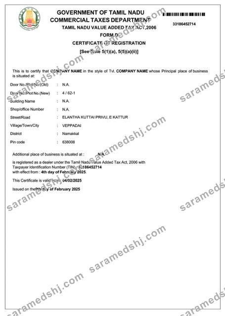 India Tamil Nadu VAT registration certificate Word and PDF template